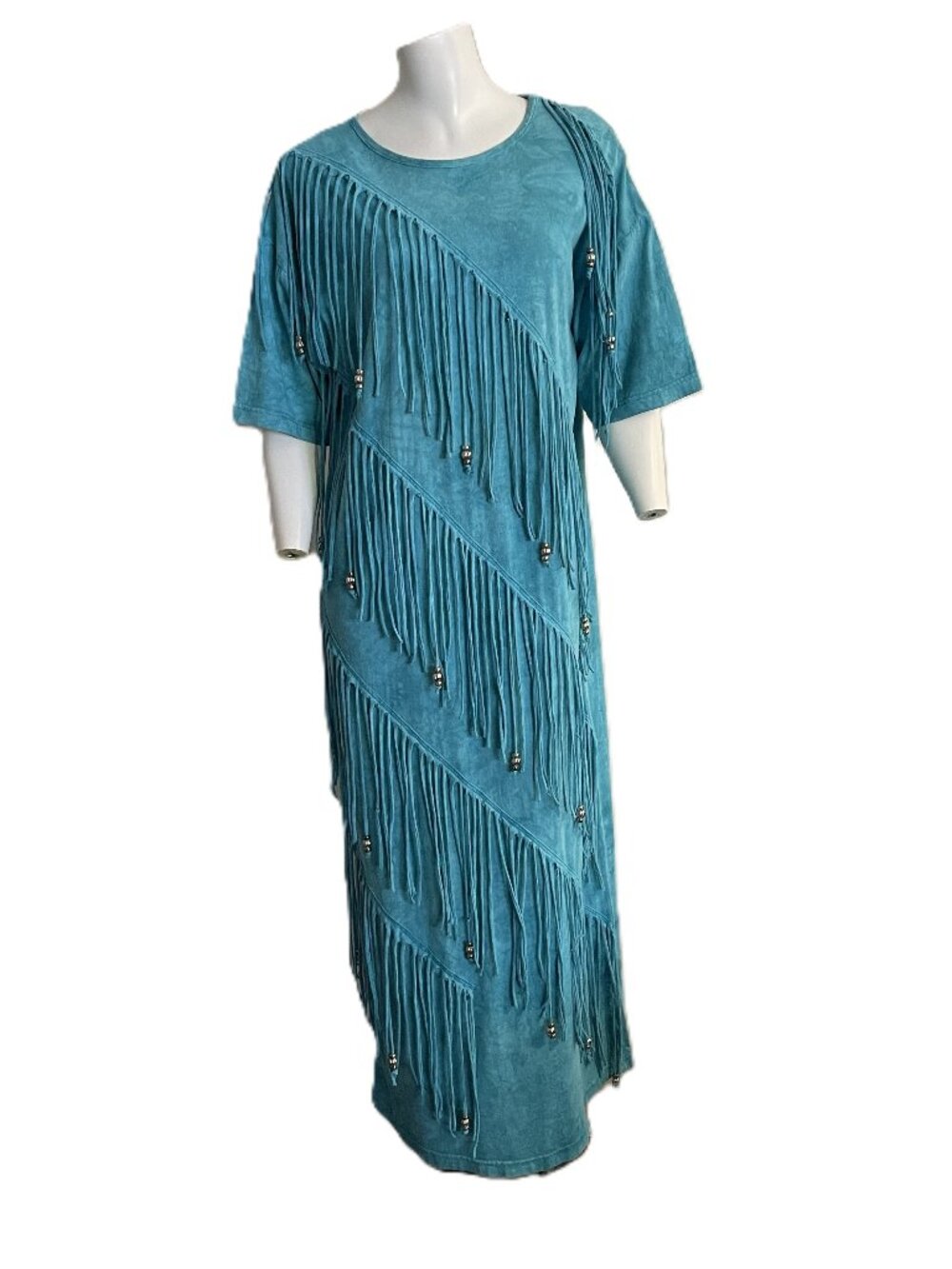 Vintage Western Fringe T-shirt Dress L Turquoise Beaded Swing Dance Boho Cowgirl